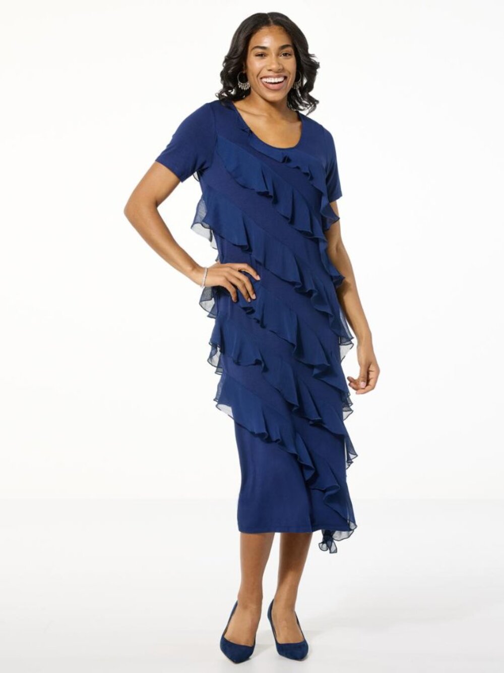 Colleen Lopez Knit Tiered Ruffle Midi Dress Navy Size Petite Small NWOT